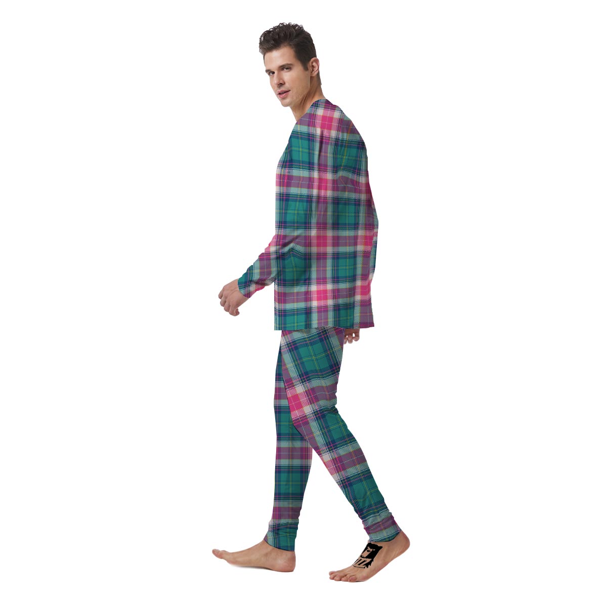 Pink Teal Plaid Tartan Men's Pajamas-grizzshop