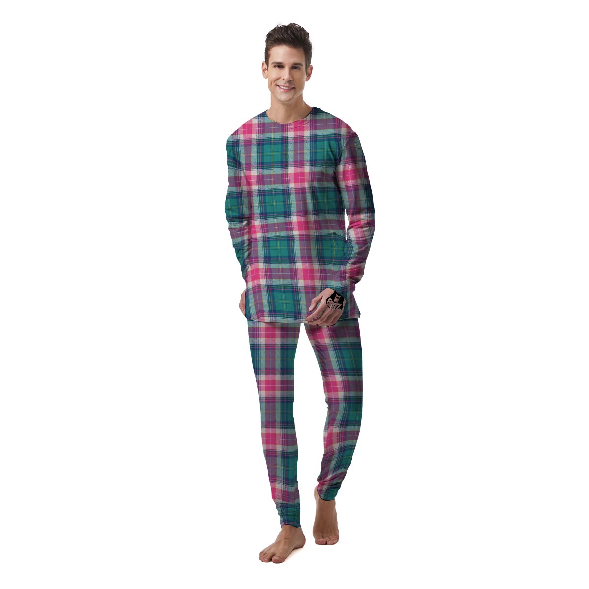 Pink Teal Plaid Tartan Men's Pajamas-grizzshop