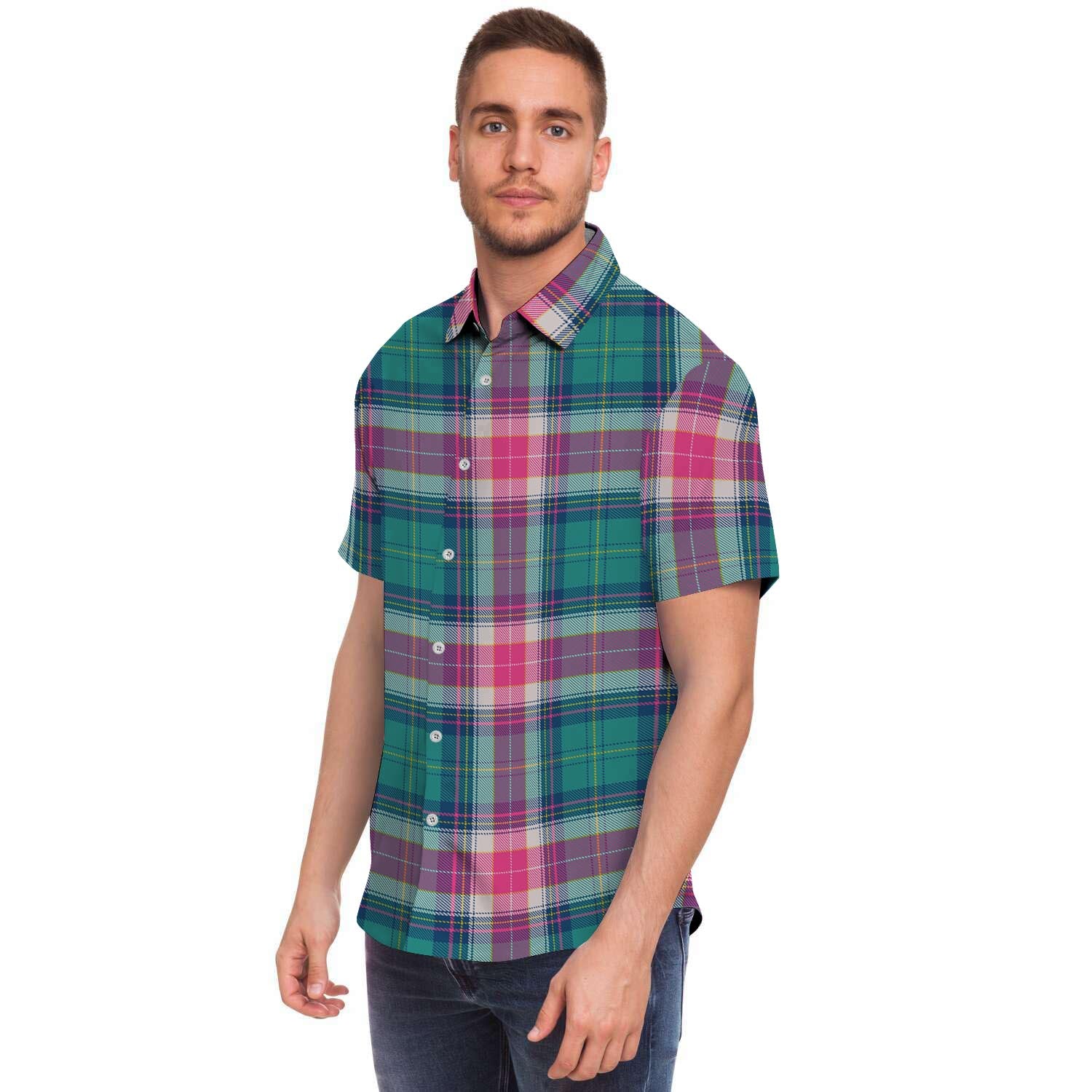 Pink Teal Plaid Tartan Men's Short Sleeve Shirt-grizzshop