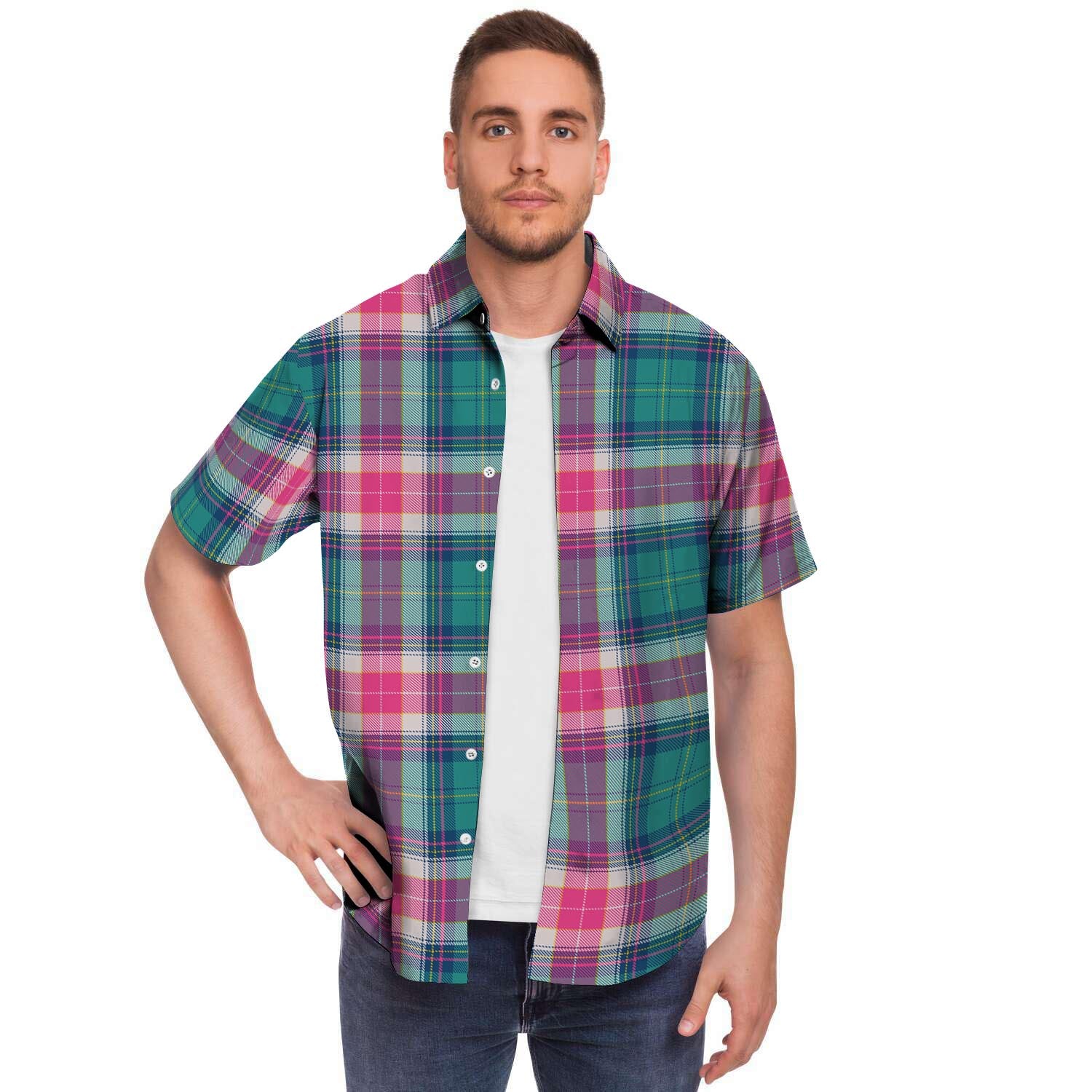 Pink Teal Plaid Tartan Men's Short Sleeve Shirt-grizzshop