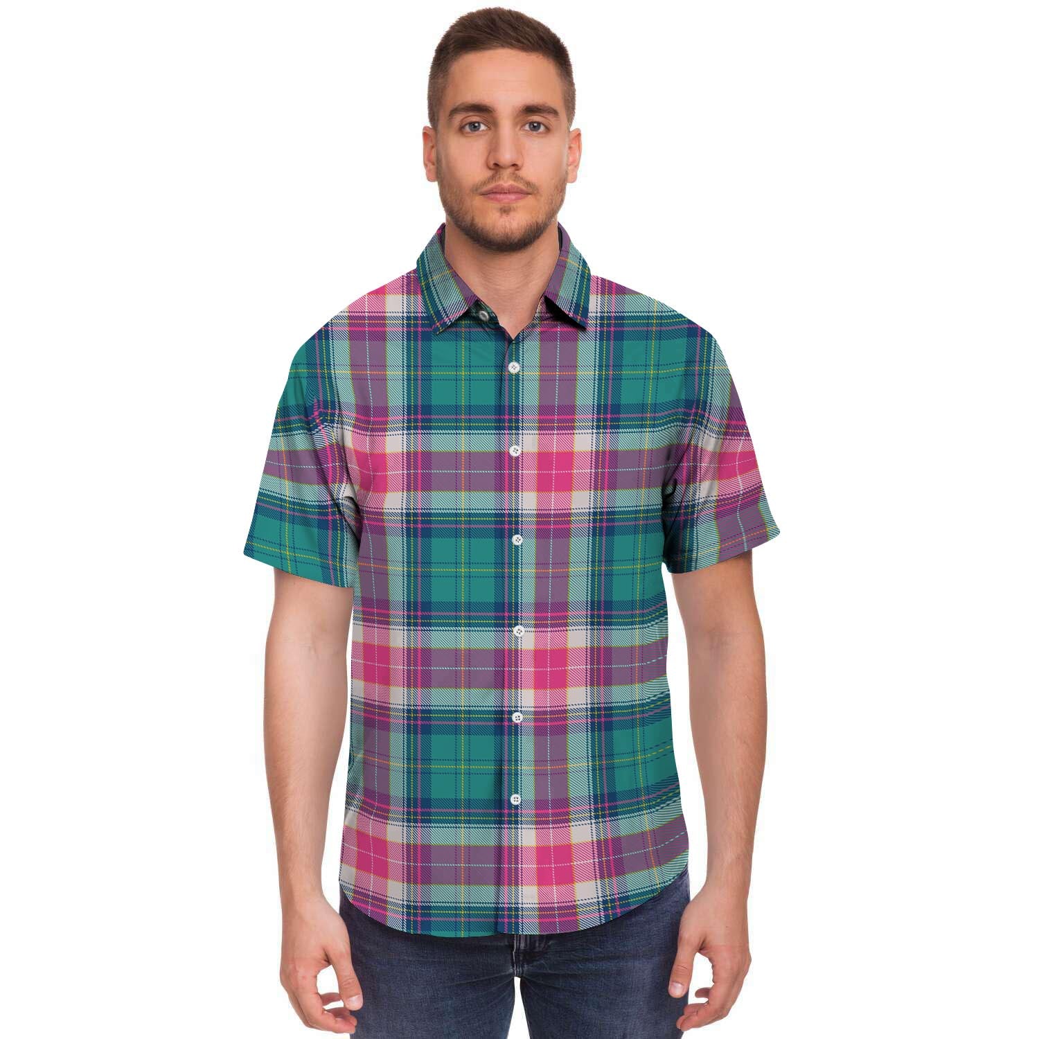 Pink Teal Plaid Tartan Men's Short Sleeve Shirt-grizzshop