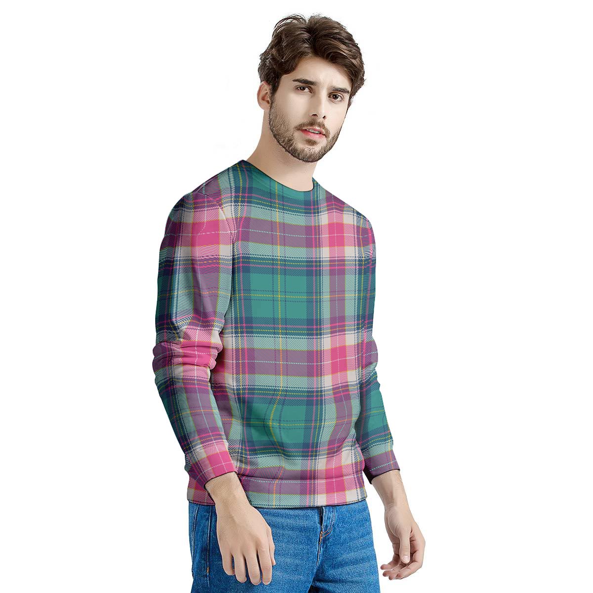 Pink Teal Plaid Tartan Men's Sweatshirt-grizzshop