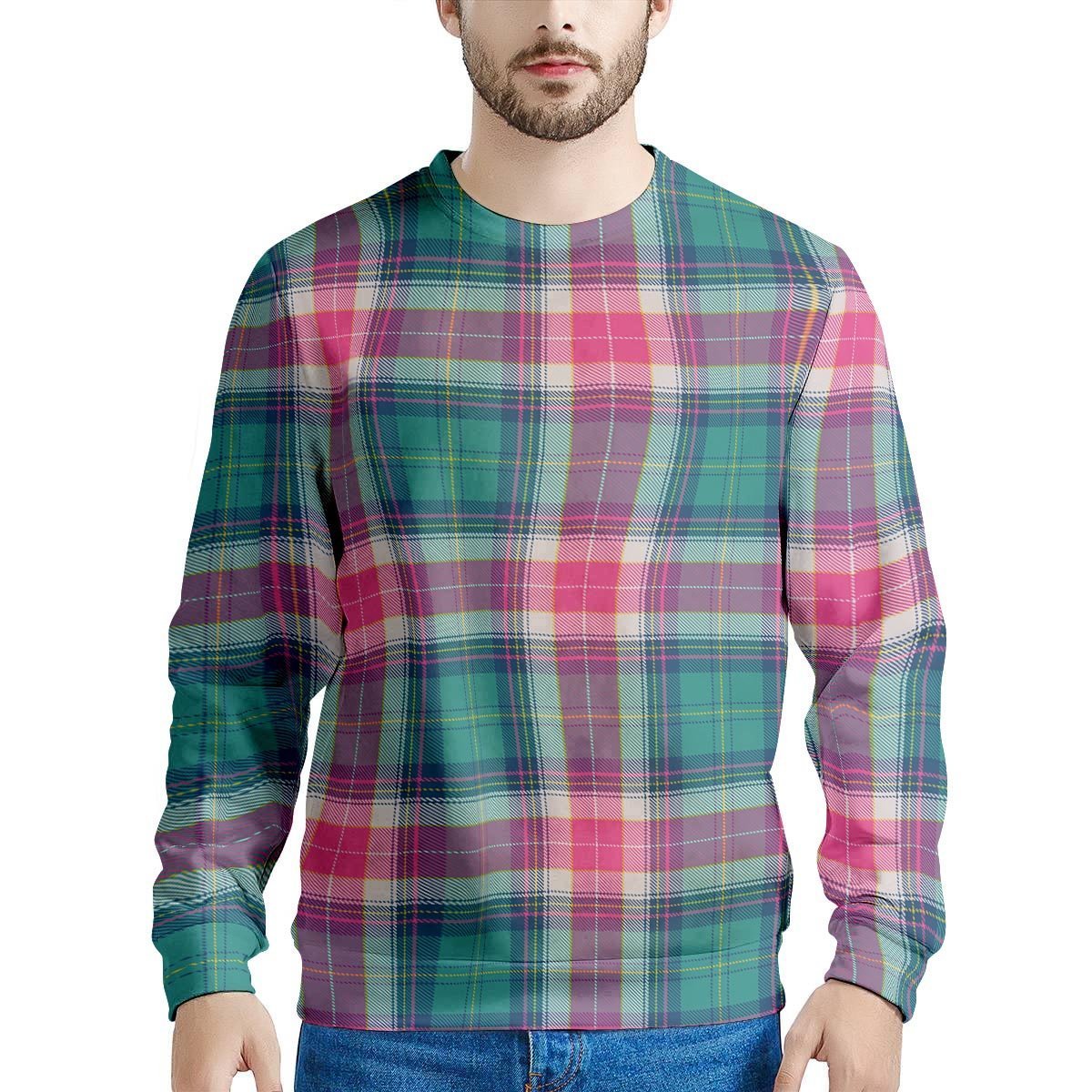 Pink Teal Plaid Tartan Men's Sweatshirt-grizzshop