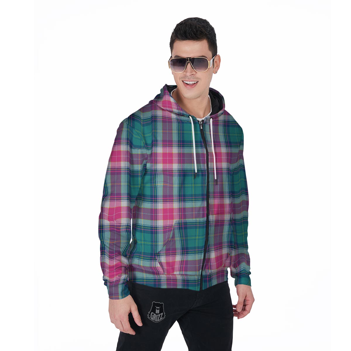 Pink Teal Plaid Tartan Men's Zip Up Hoodie-grizzshop