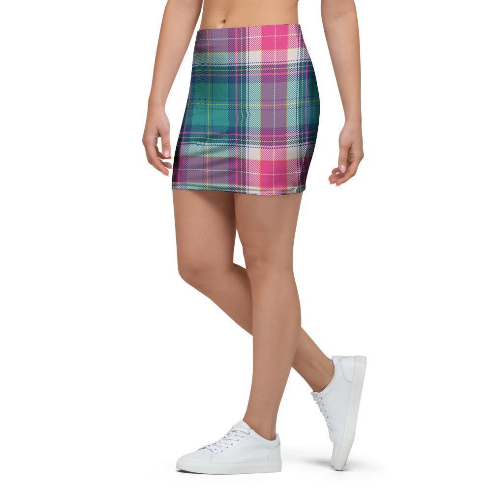 Pink Teal Plaid Tartan Mini Skirt-grizzshop