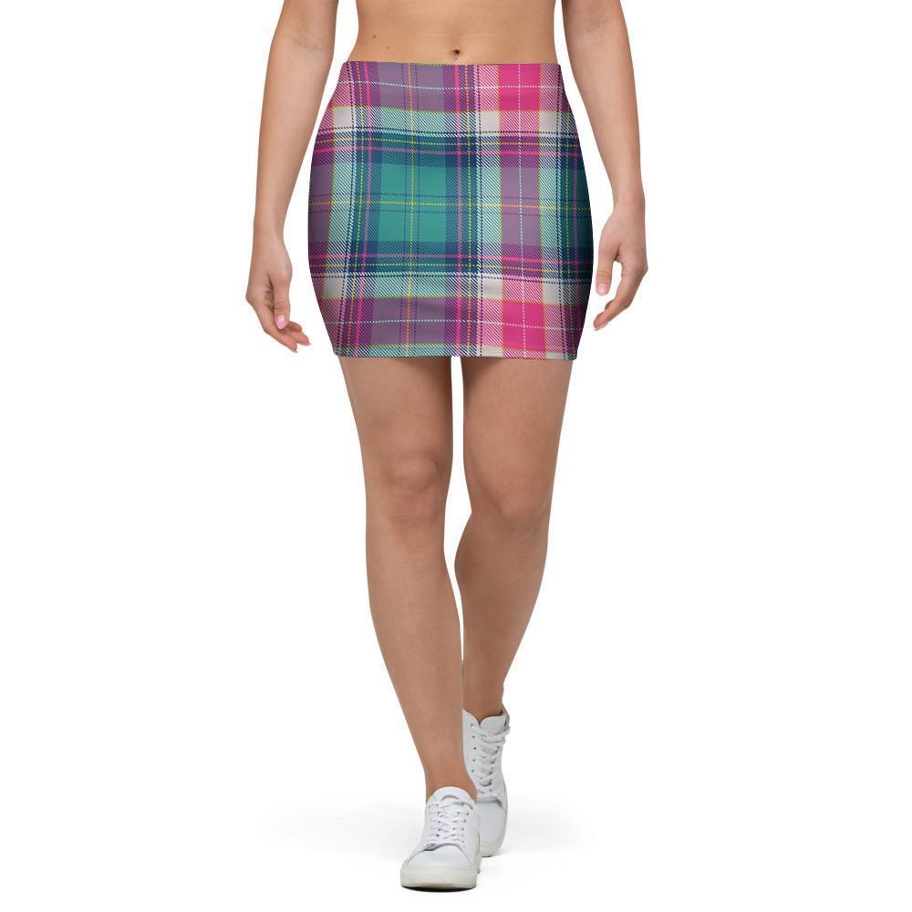 Pink Teal Plaid Tartan Mini Skirt-grizzshop