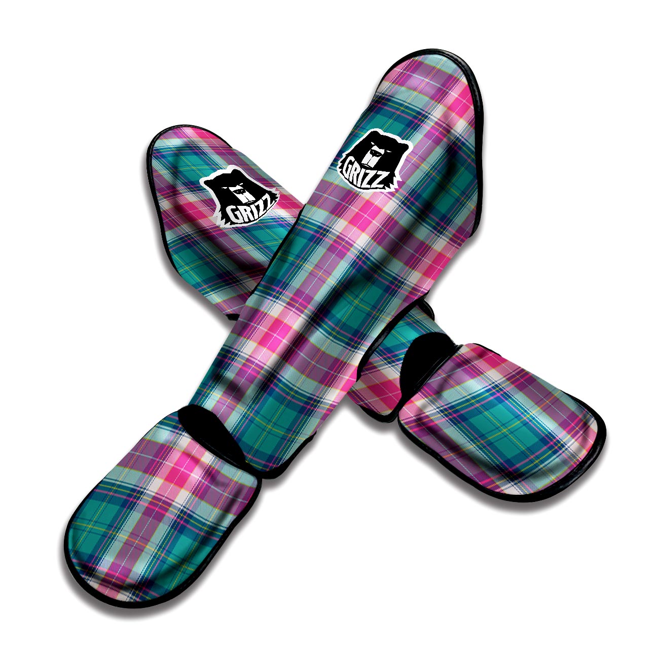 Pink Teal Plaid Tartan Muay Thai Shin Guard-grizzshop