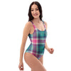 Pink Teal Plaid Tartan One Piece Swimsuite-grizzshop