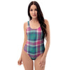 Pink Teal Plaid Tartan One Piece Swimsuite-grizzshop