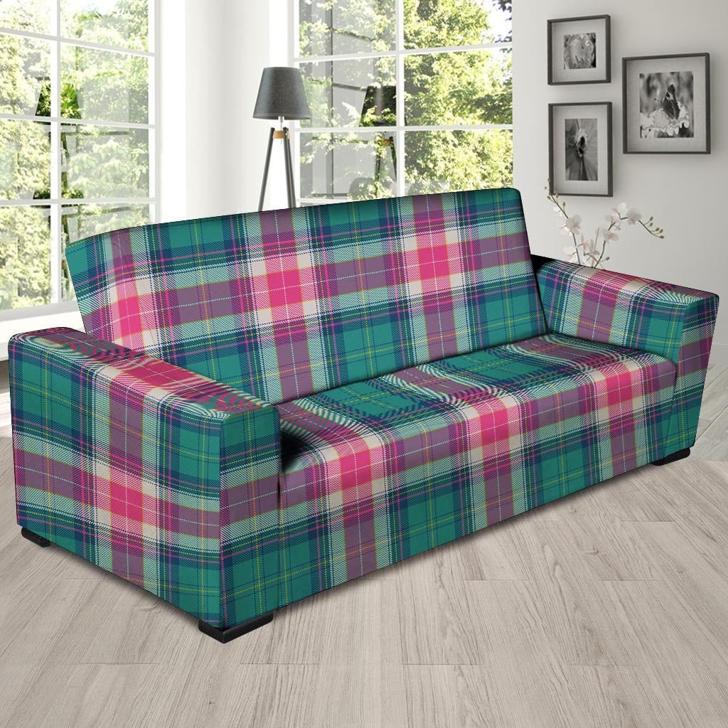 Pink Teal Plaid Tartan Sofa Cover-grizzshop