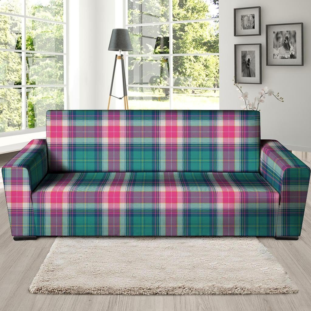 Pink Teal Plaid Tartan Sofa Cover-grizzshop