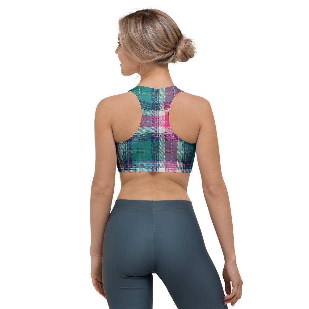 Pink Teal Plaid Tartan Sports Bra-grizzshop