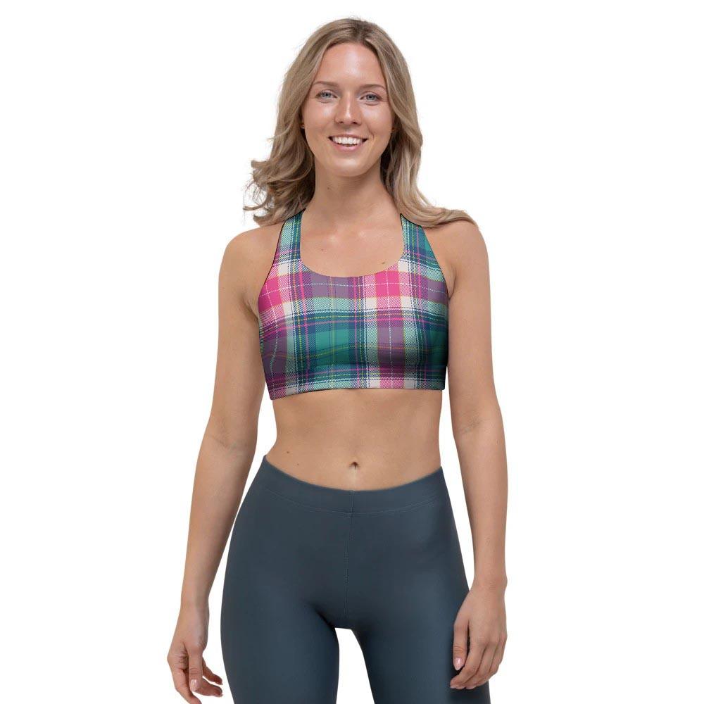 Pink Teal Plaid Tartan Sports Bra-grizzshop