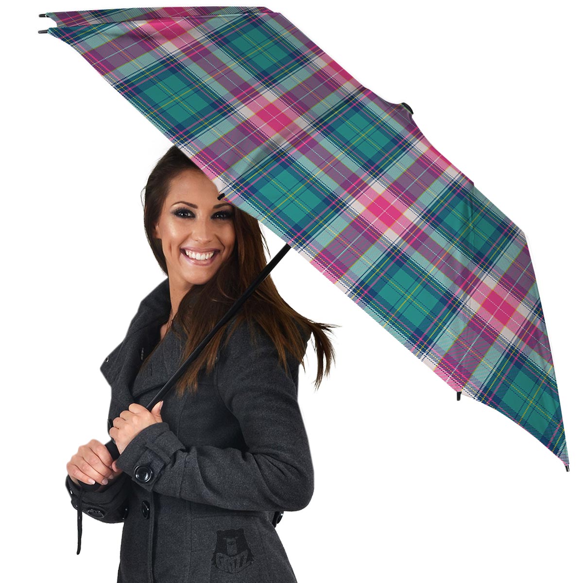 Pink Teal Plaid Tartan Umbrella-grizzshop