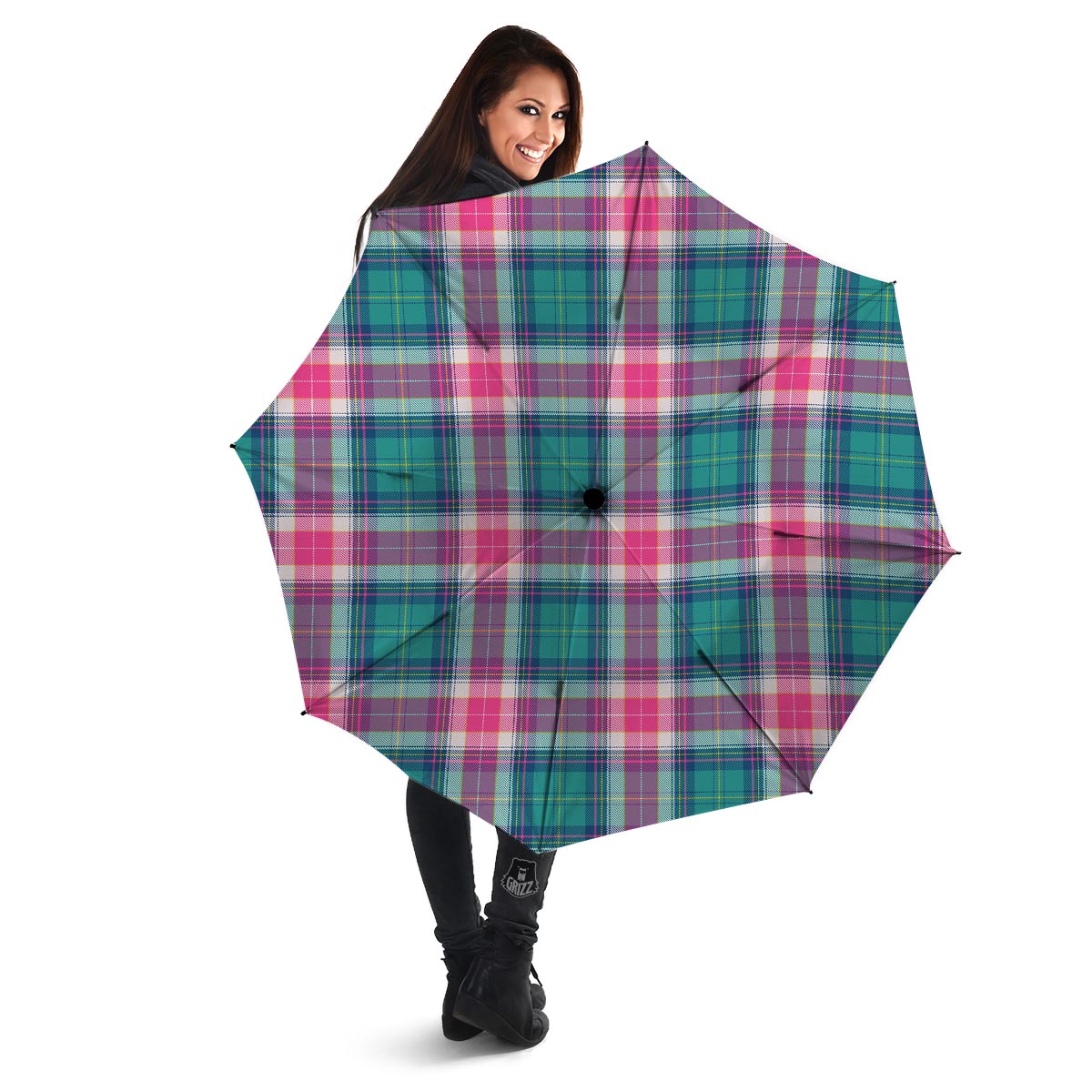 Pink Teal Plaid Tartan Umbrella-grizzshop