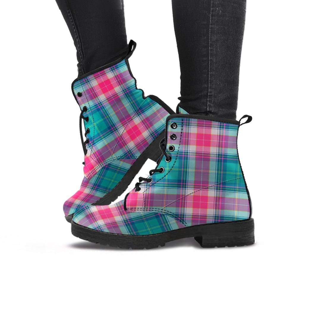 Pink Teal Plaid Tartan Women's Boots-grizzshop