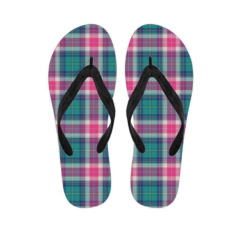 Pink Teal Plaid Tartan Women's Flip Flops-grizzshop