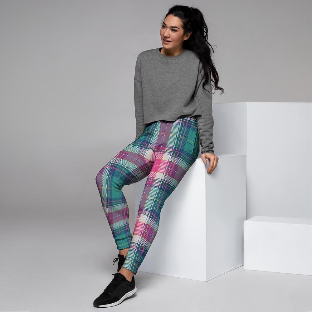 Pink Teal Plaid Tartan Women's Joggers-grizzshop