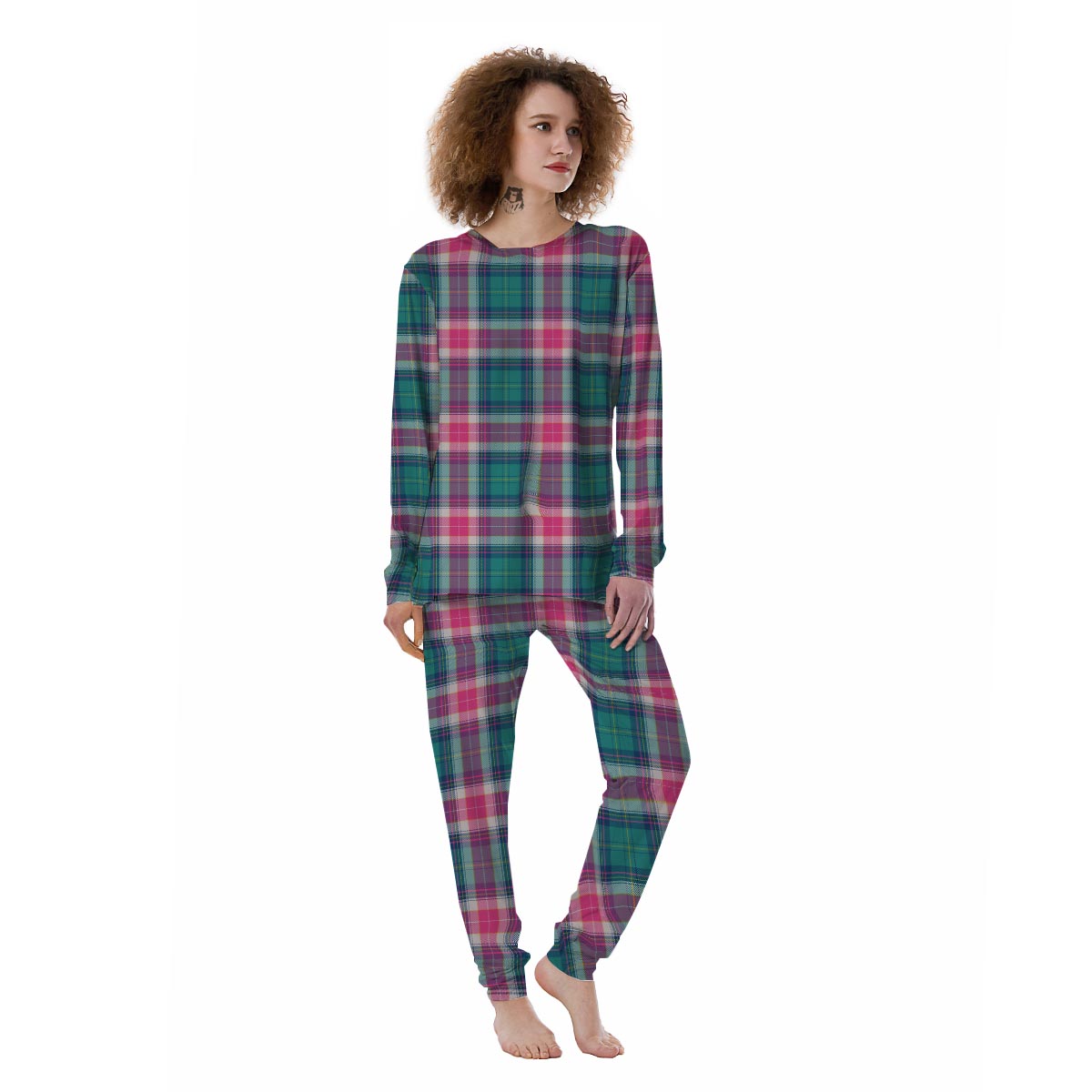 Pink Teal Plaid Tartan Women's Pajamas-grizzshop