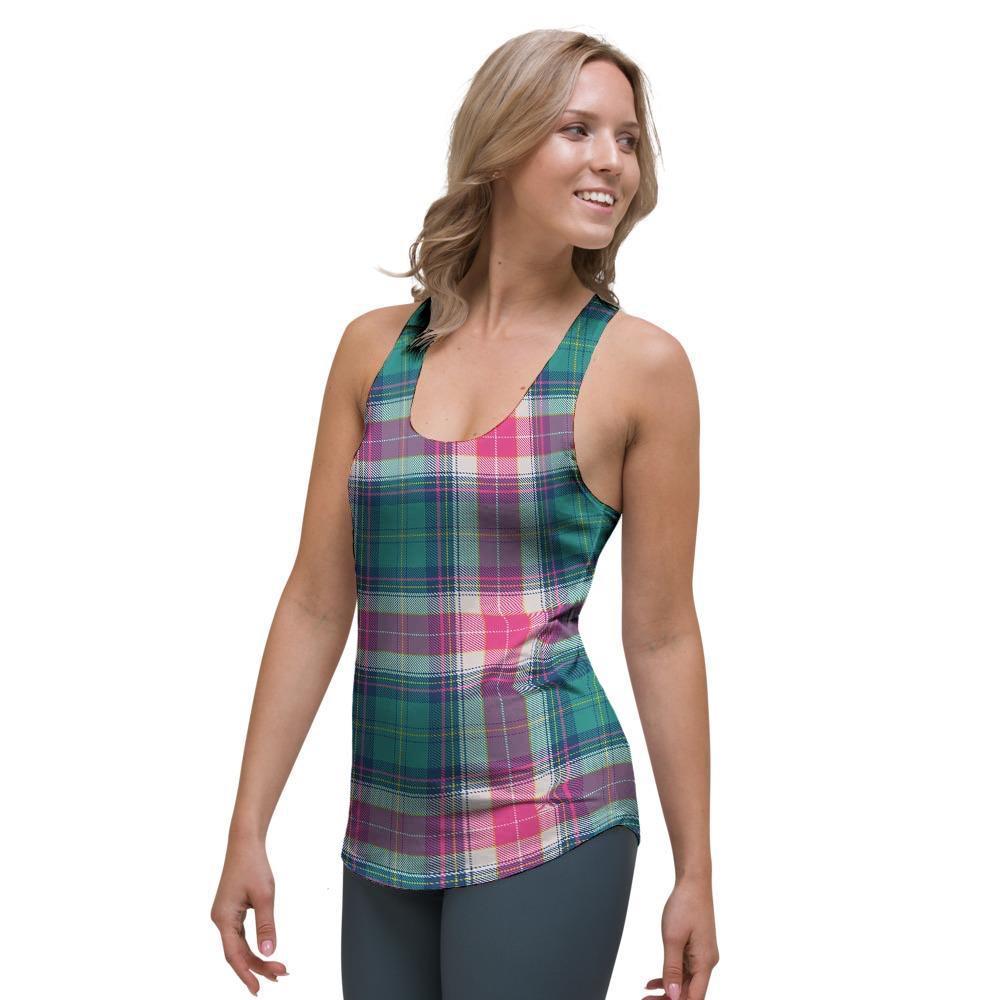 Pink Teal Plaid Tartan Women's Racerback Tank Top-grizzshop