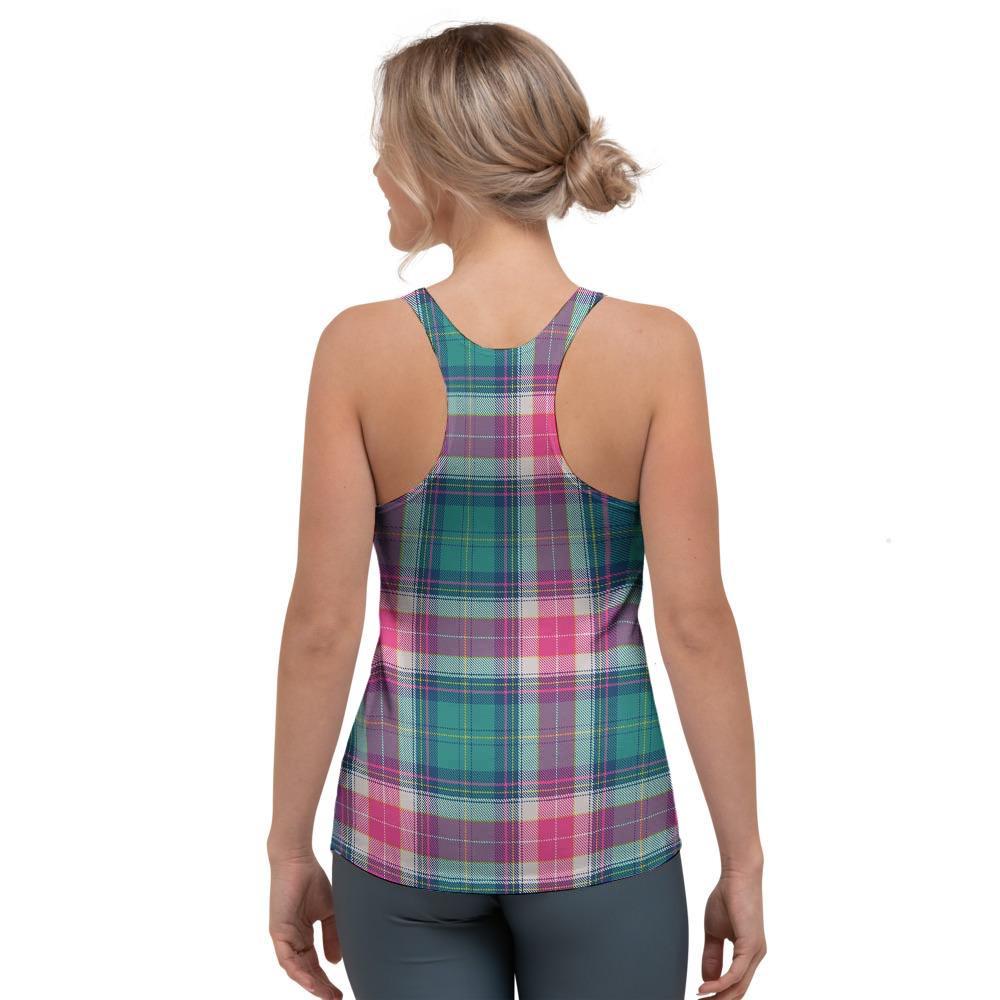 Pink Teal Plaid Tartan Women's Racerback Tank Top-grizzshop