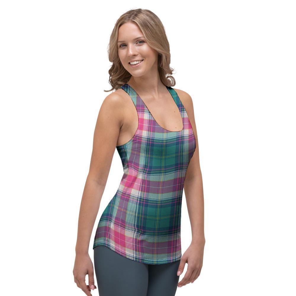 Pink Teal Plaid Tartan Women's Racerback Tank Top-grizzshop