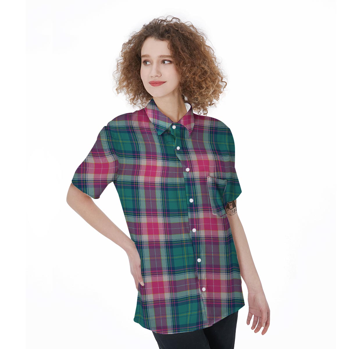 Pink Teal Plaid Tartan Women's Short Sleeve Shirts-grizzshop