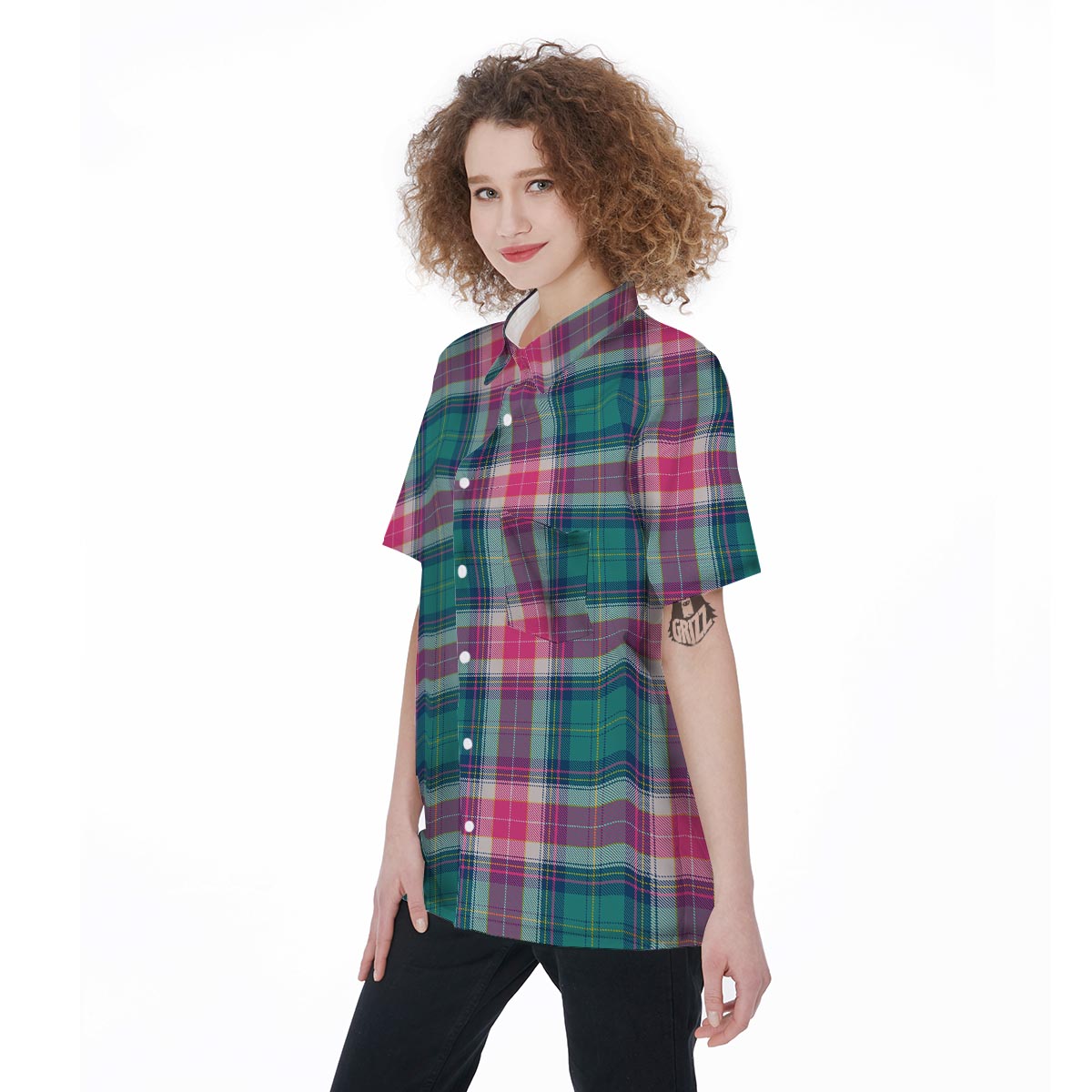 Pink Teal Plaid Tartan Women's Short Sleeve Shirts-grizzshop