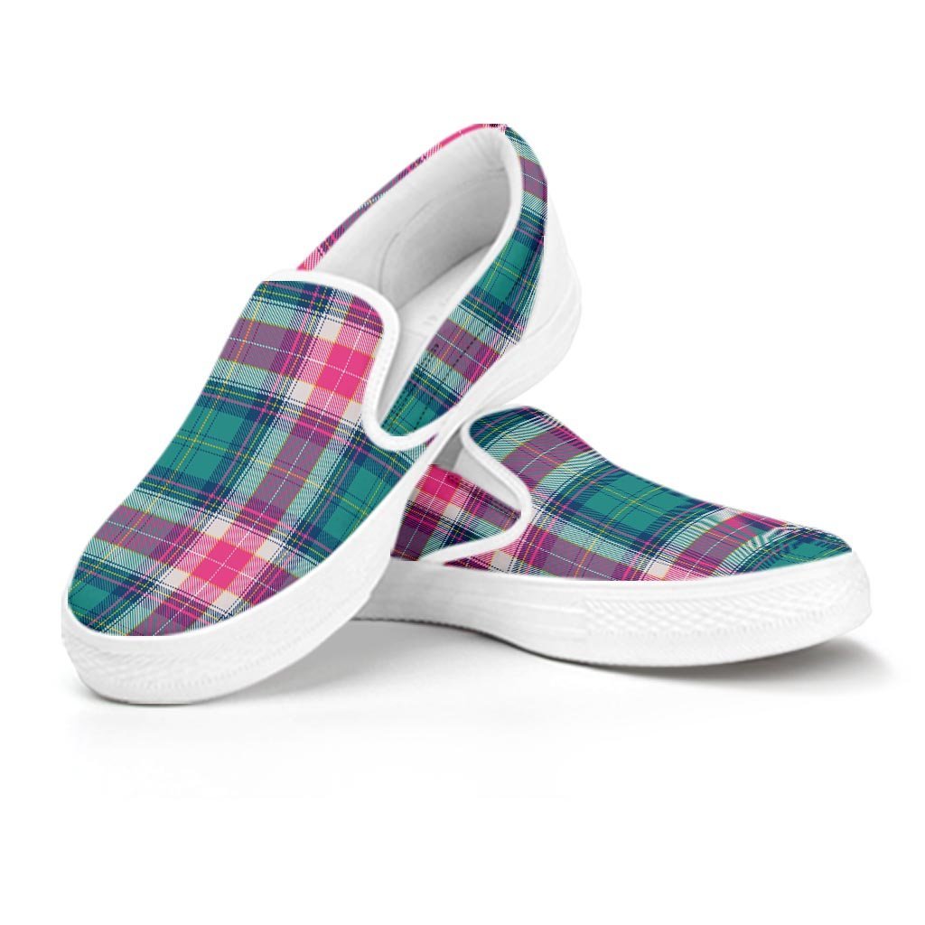 Pink Teal Plaid Tartan Women's Slip On Sneakers-grizzshop