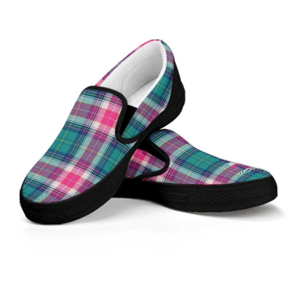 Pink Teal Plaid Tartan Women's Slip On Sneakers-grizzshop
