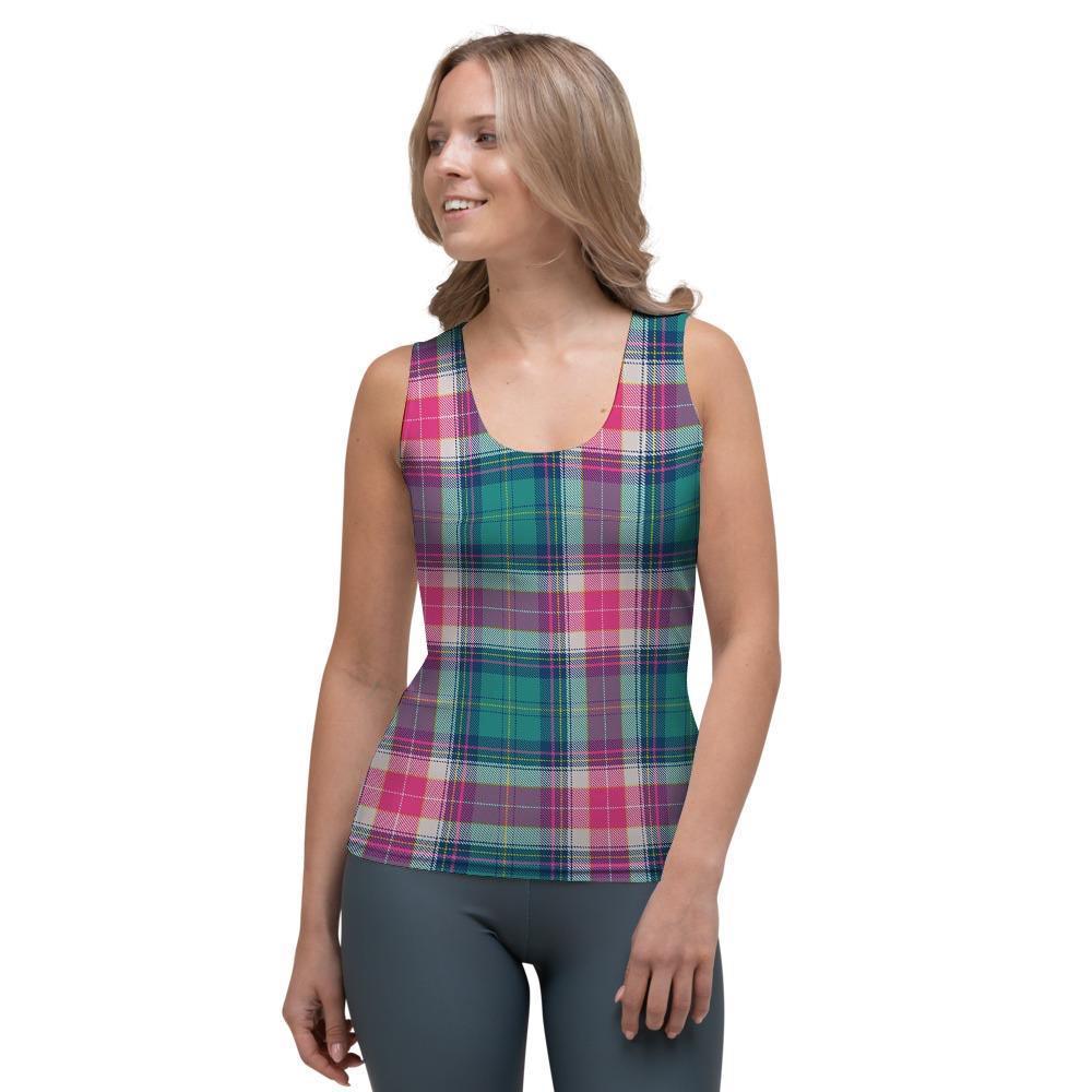 Pink Teal Plaid Tartan Women's Tank Top-grizzshop