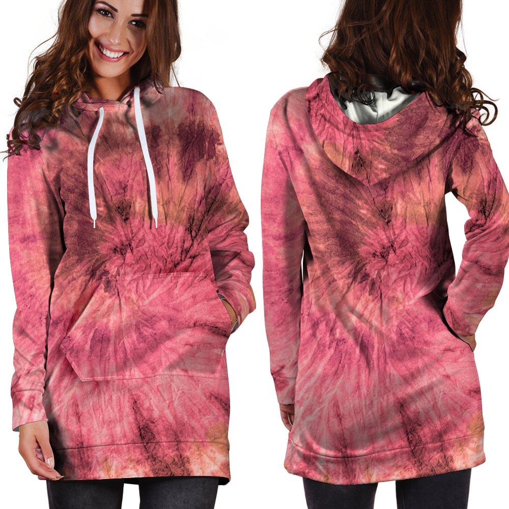 Pink Tie Dye Print Hoodie Dress-grizzshop