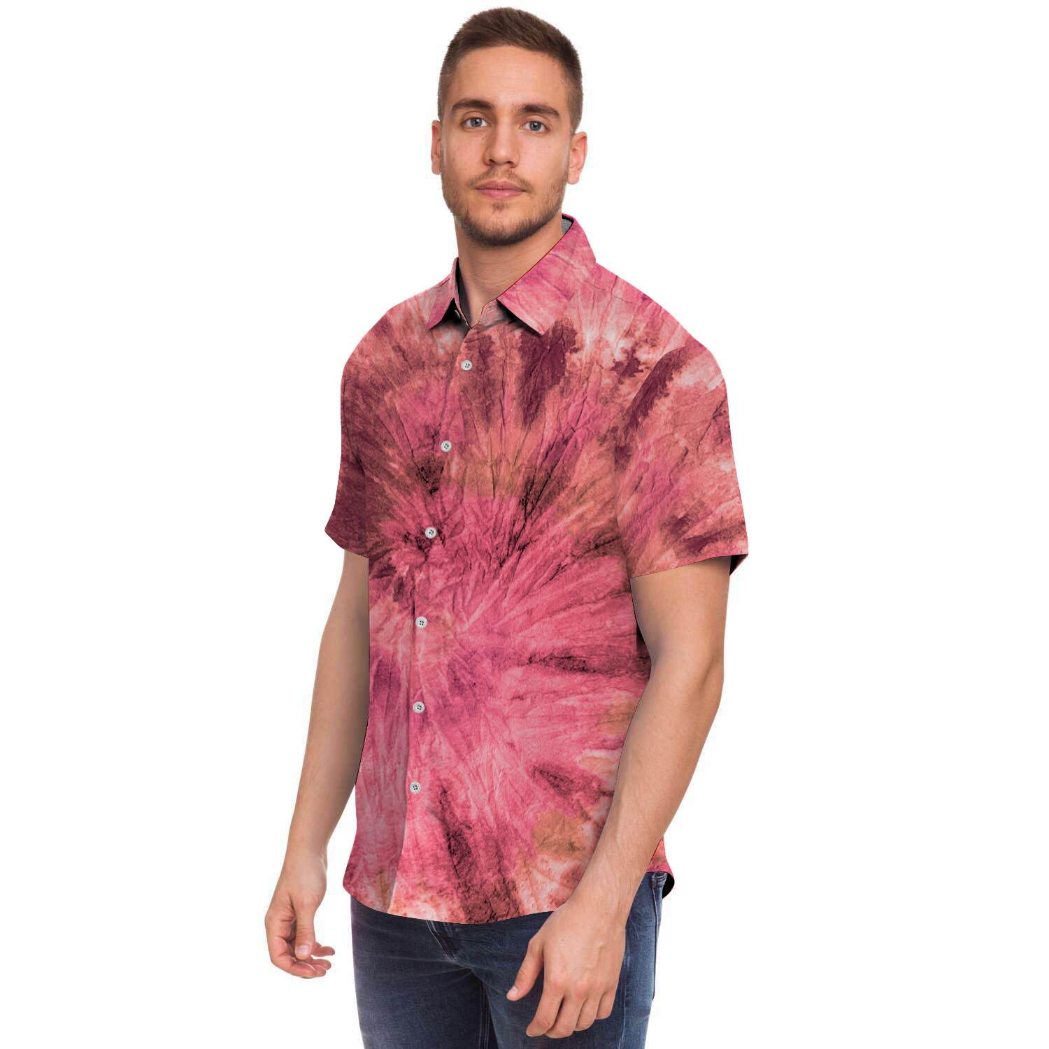 Pink Tie Dye Print Men's Short Sleeve Shirt-grizzshop