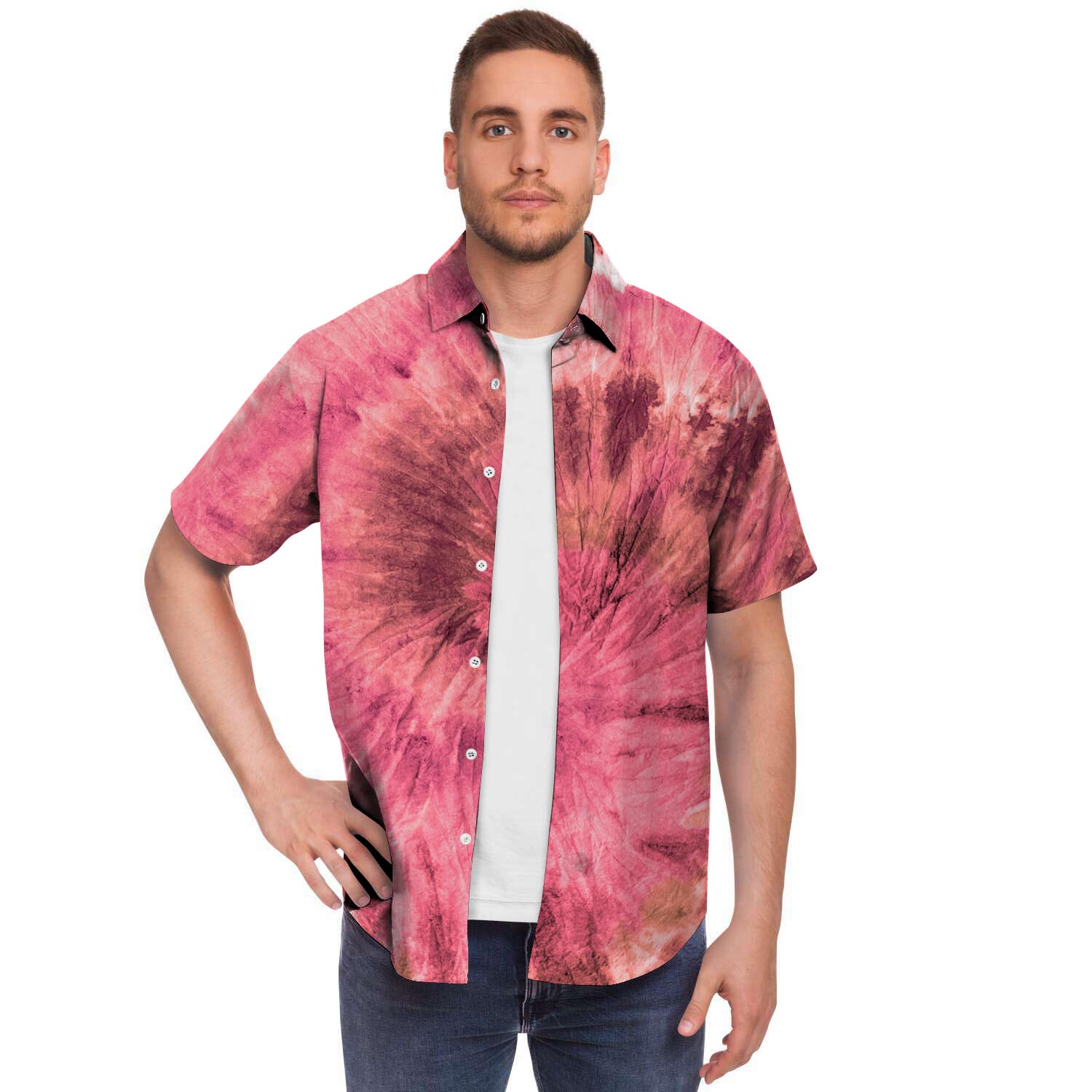 Pink Tie Dye Print Men's Short Sleeve Shirt-grizzshop