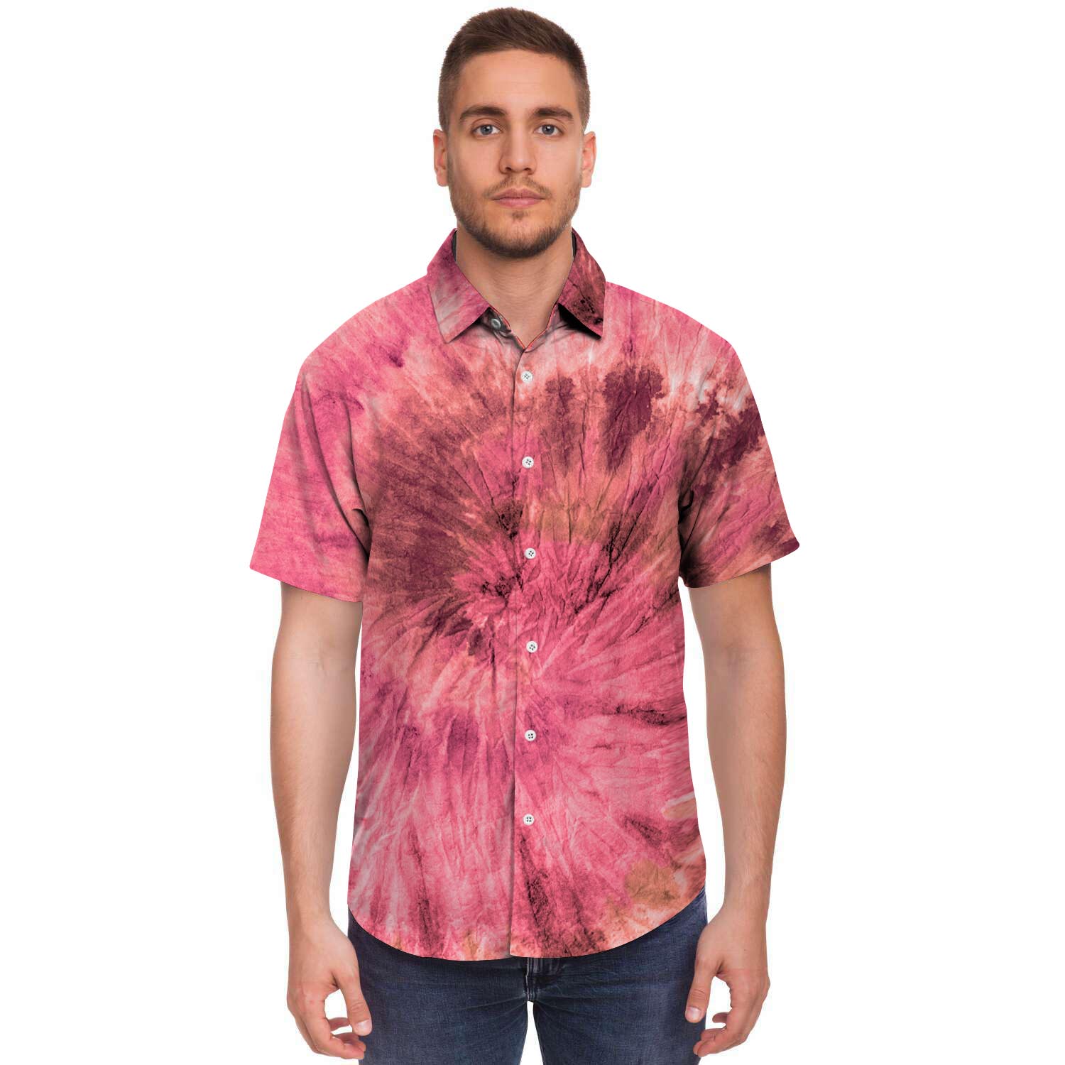 Pink Tie Dye Print Men's Short Sleeve Shirt-grizzshop