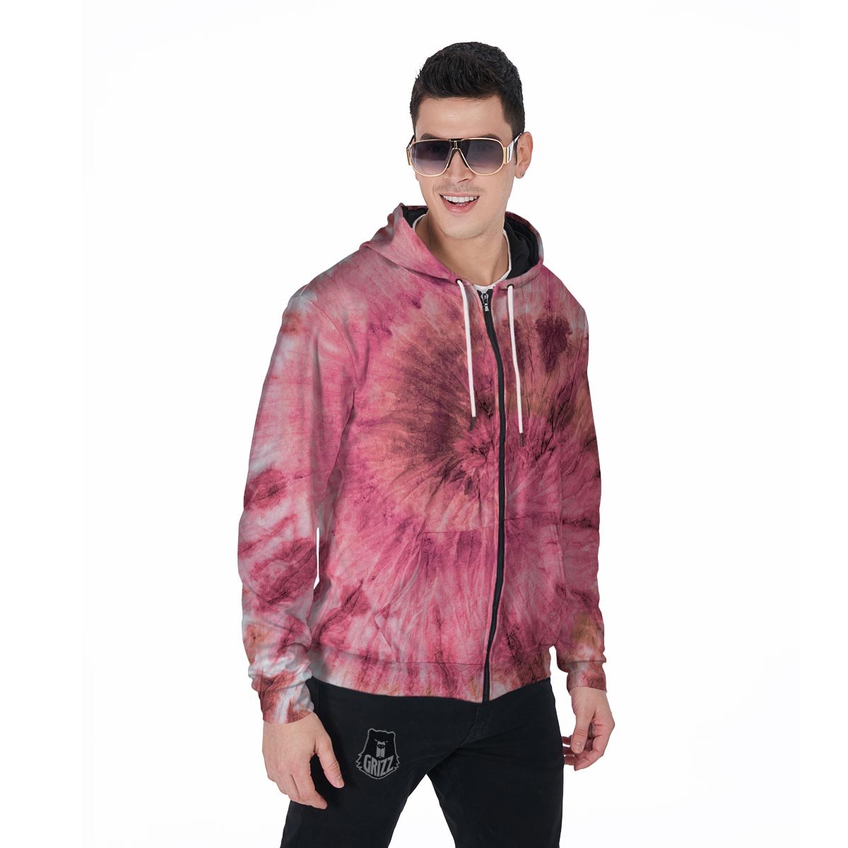 Pink Tie Dye Print Men's Zip Up Hoodie-grizzshop