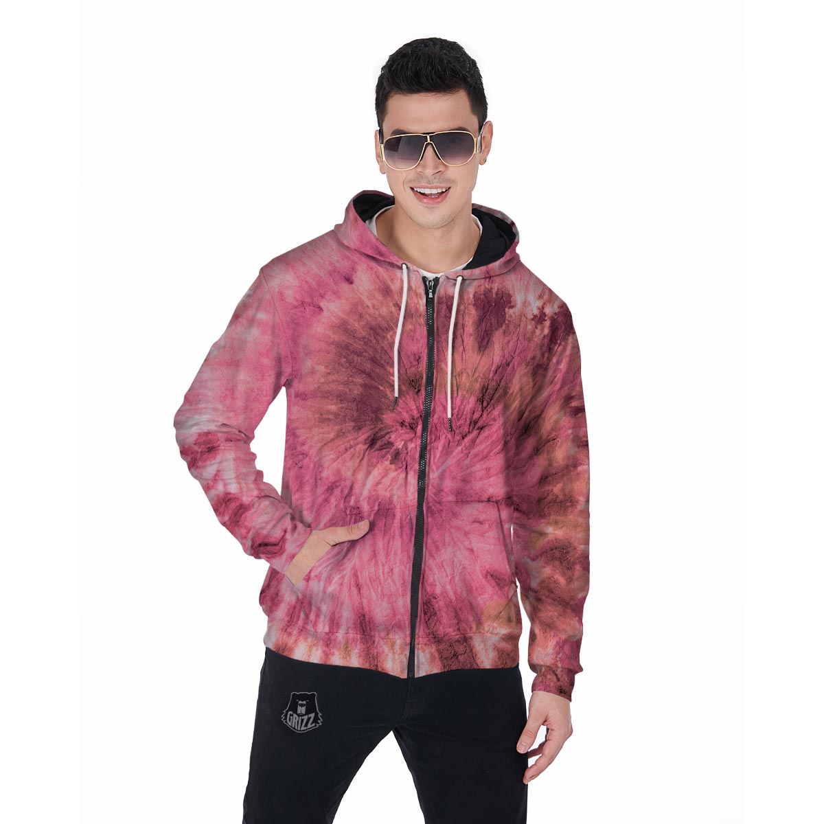 Pink Tie Dye Print Men's Zip Up Hoodie-grizzshop