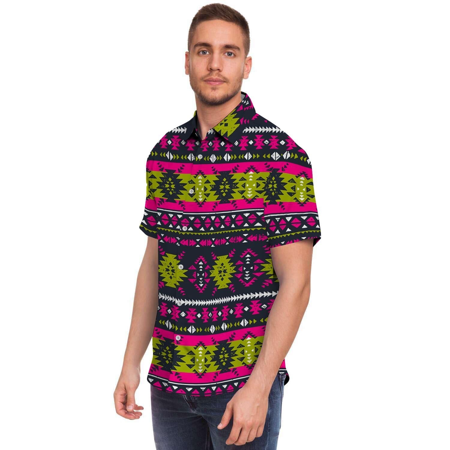 Pink Tribal Aztec Grunge Men's Short Sleeve Shirt-grizzshop