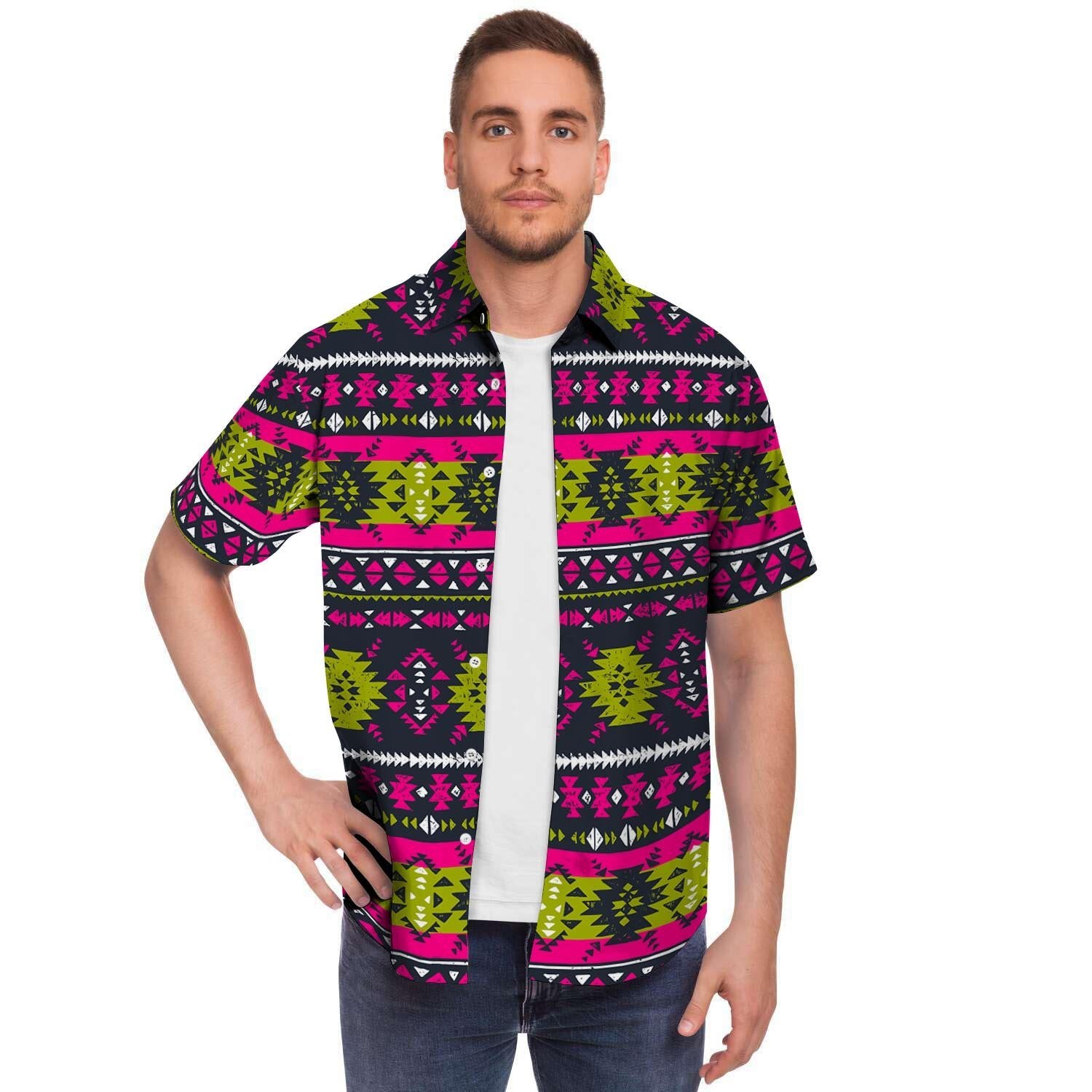 Pink Tribal Aztec Grunge Men's Short Sleeve Shirt-grizzshop