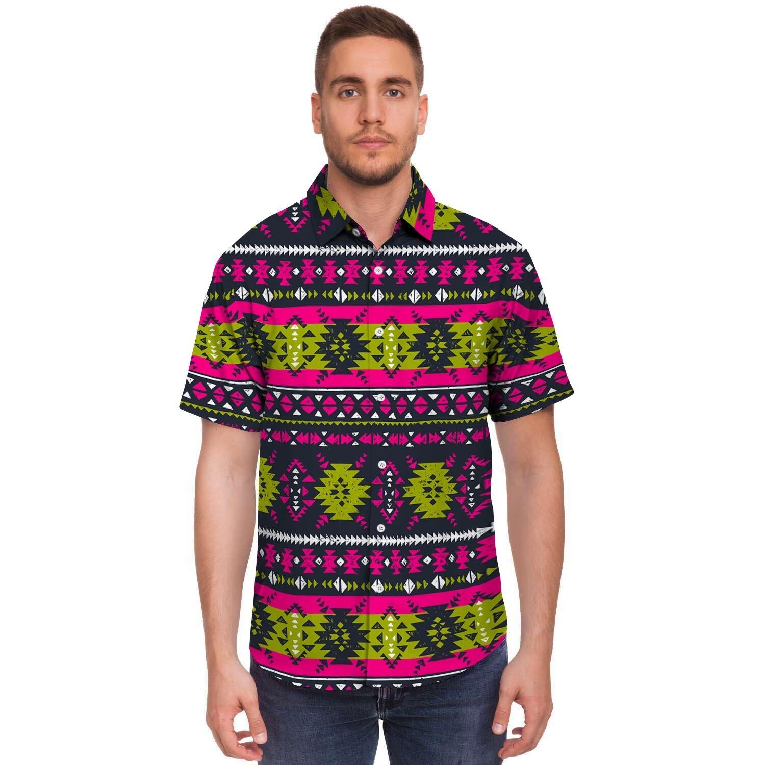Pink Tribal Aztec Grunge Men's Short Sleeve Shirt-grizzshop
