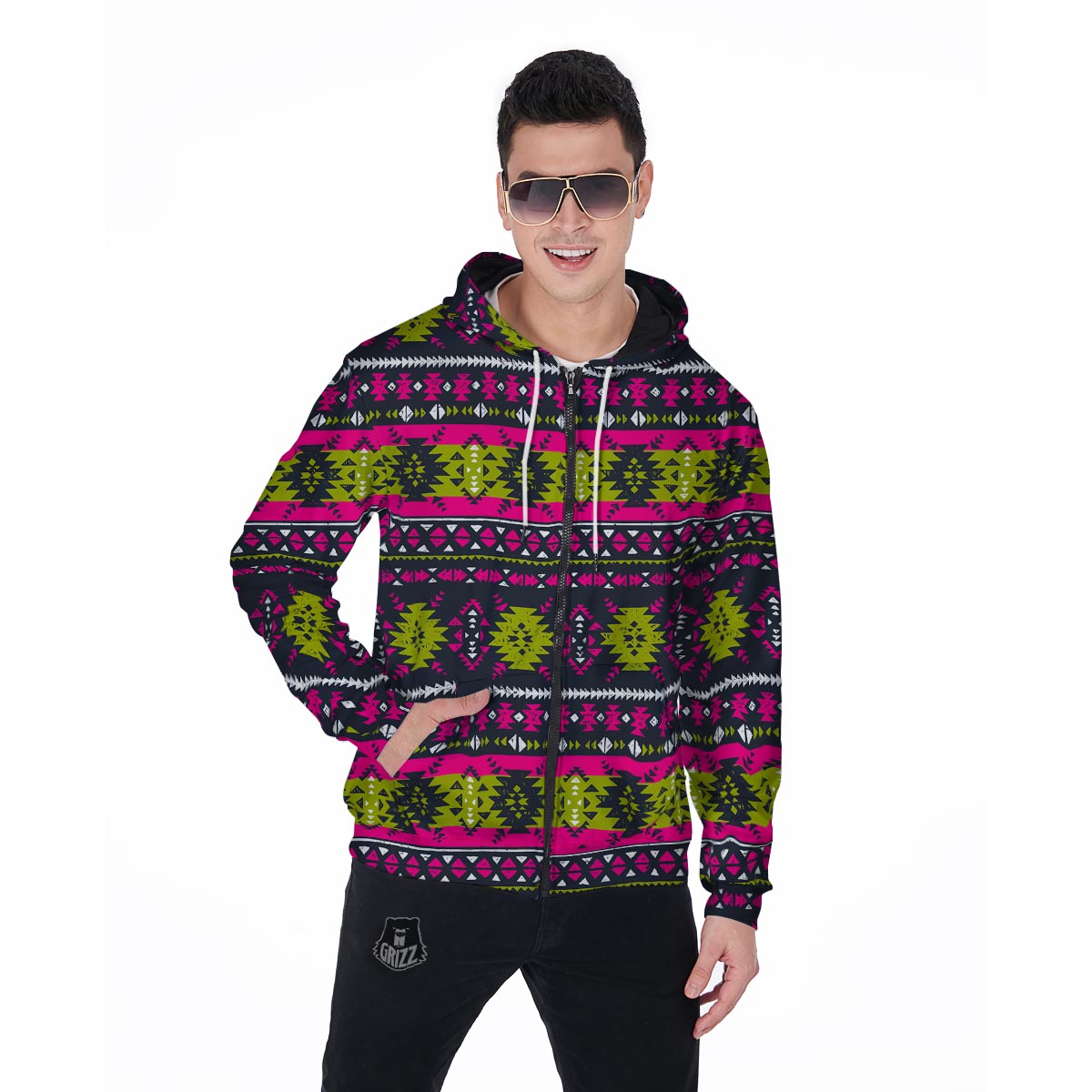 Pink Tribal Aztec Grunge Men's Zip Up Hoodie-grizzshop