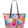 Pink Tropical Hawaiian Hibiscus Pineapple Purse Print Leather Tote Bag-grizzshop