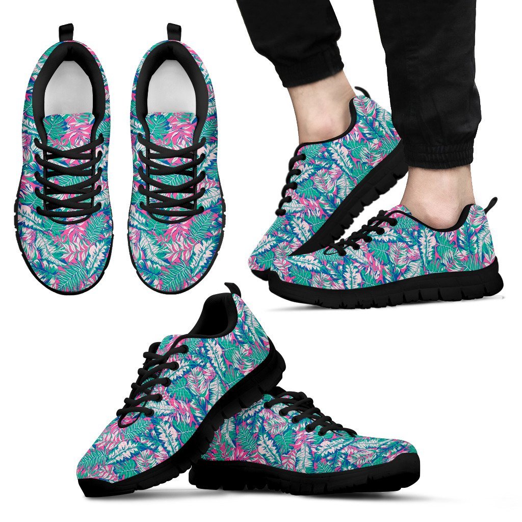 Pink Tropical Palm Leaves Hawaiian Pattern Print Black Sneaker Shoes For Men Women-grizzshop