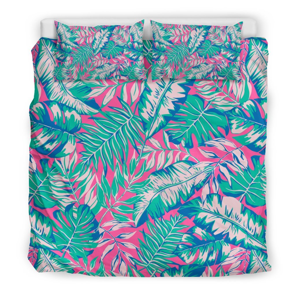 Pink Tropical Palm Leaves Hawaiian Pattern Print Duvet Cover Bedding Set-grizzshop