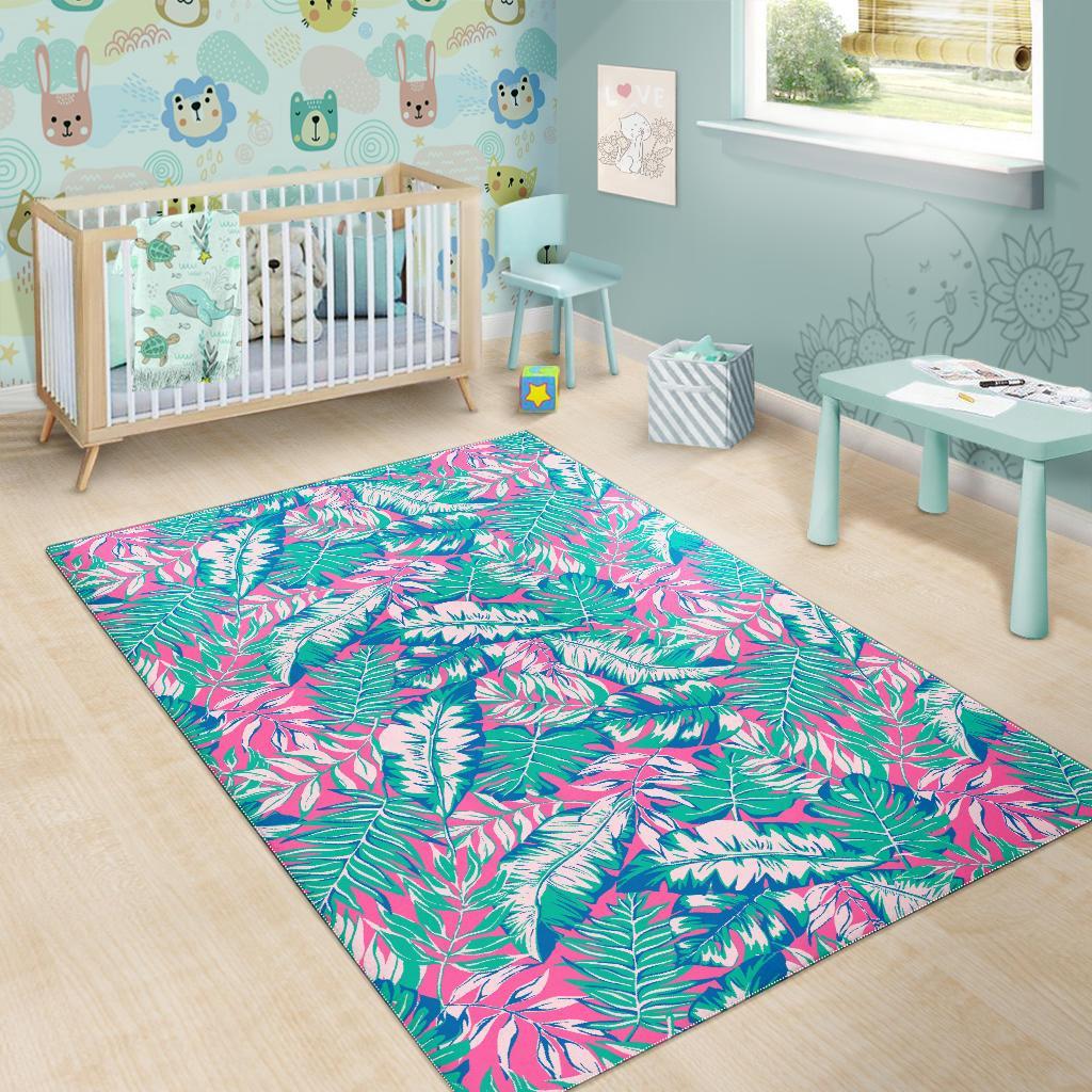 Pink Tropical Palm Leaves Hawaiian Pattern Print Floor Mat-grizzshop