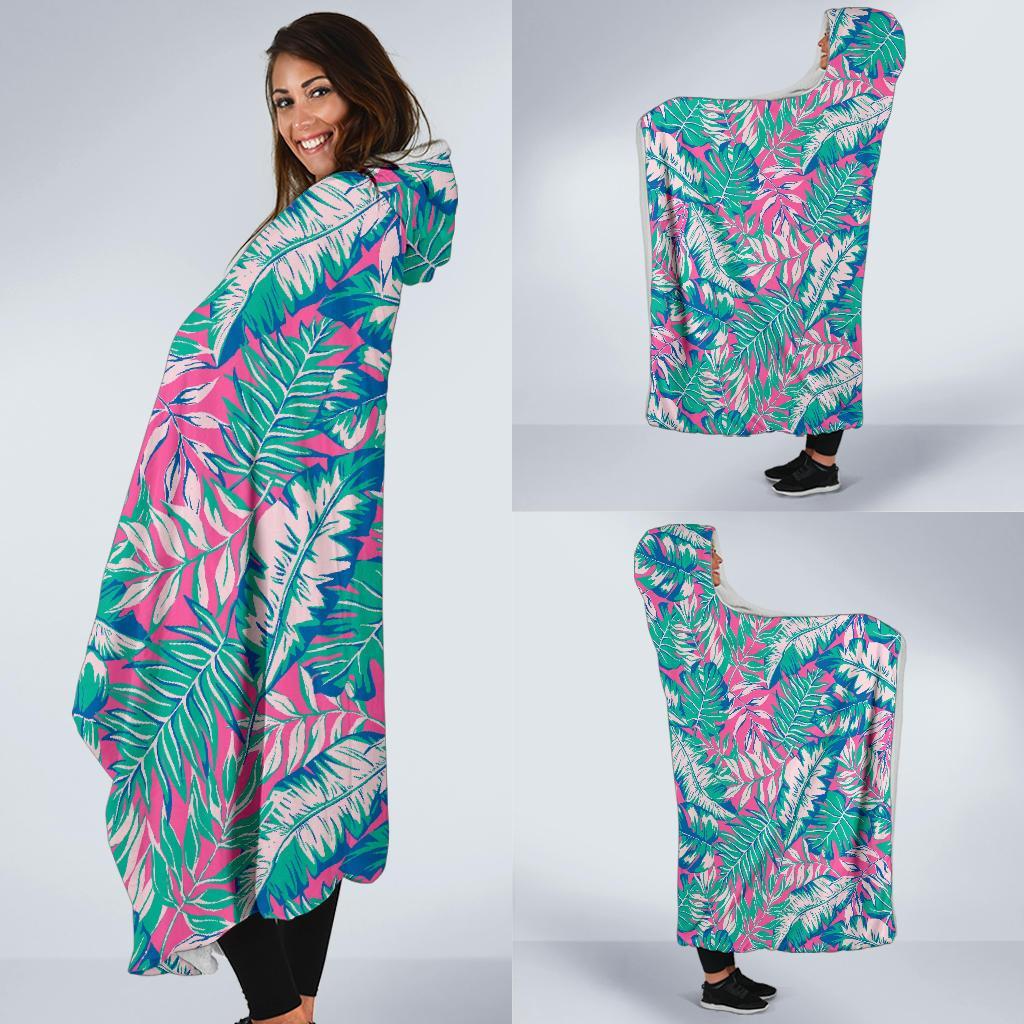 Pink Tropical Palm Leaves Hawaiian Pattern Print Hooded Blanket-grizzshop