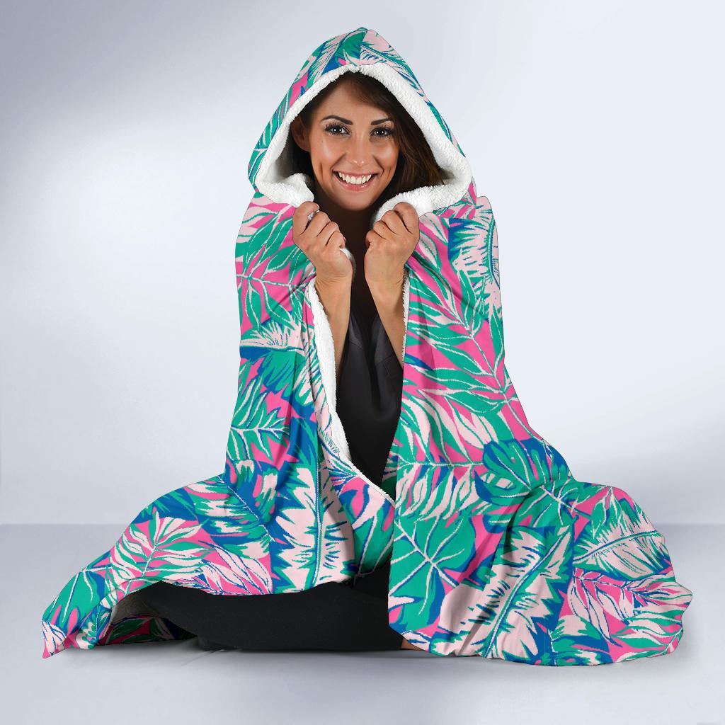 Pink Tropical Palm Leaves Hawaiian Pattern Print Hooded Blanket-grizzshop