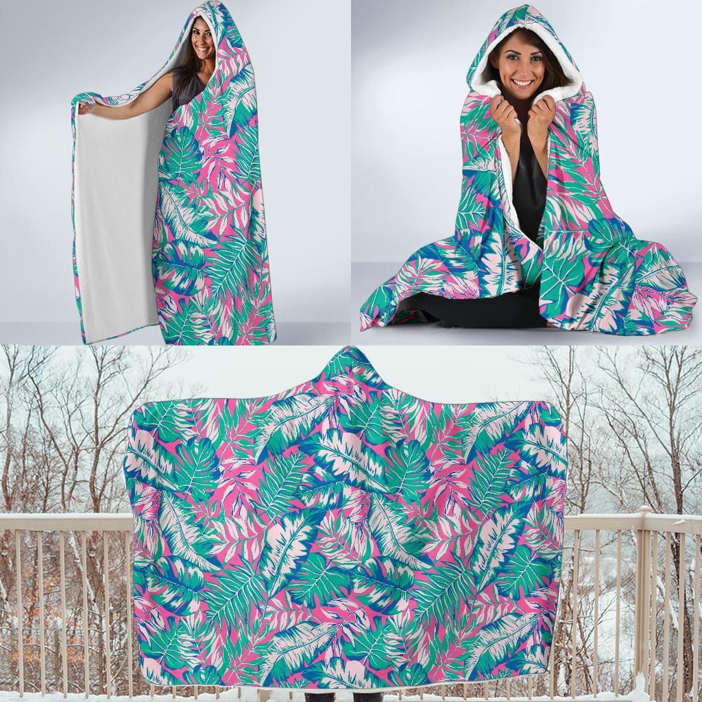 Pink Tropical Palm Leaves Hawaiian Pattern Print Hooded Blanket-grizzshop