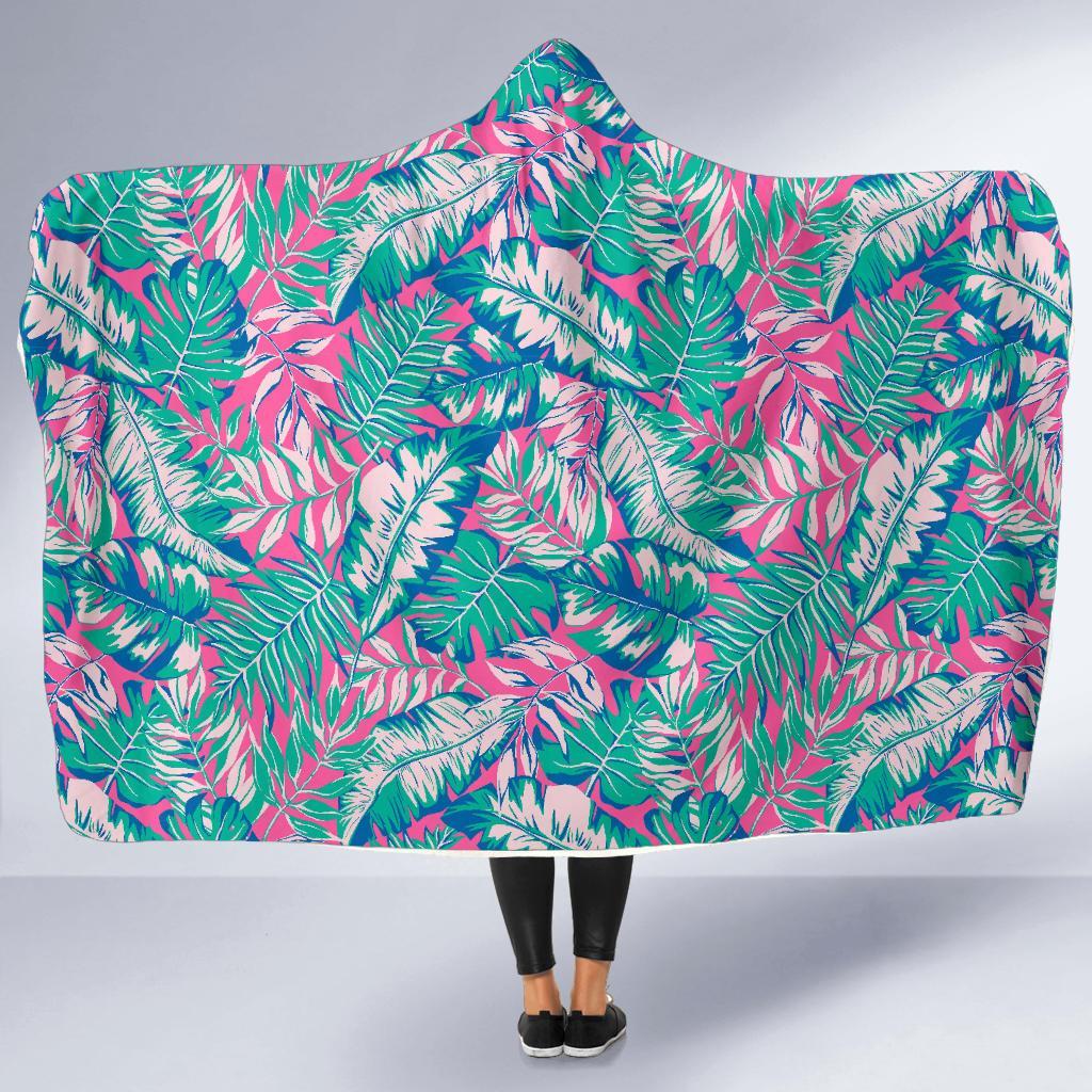 Pink Tropical Palm Leaves Hawaiian Pattern Print Hooded Blanket-grizzshop