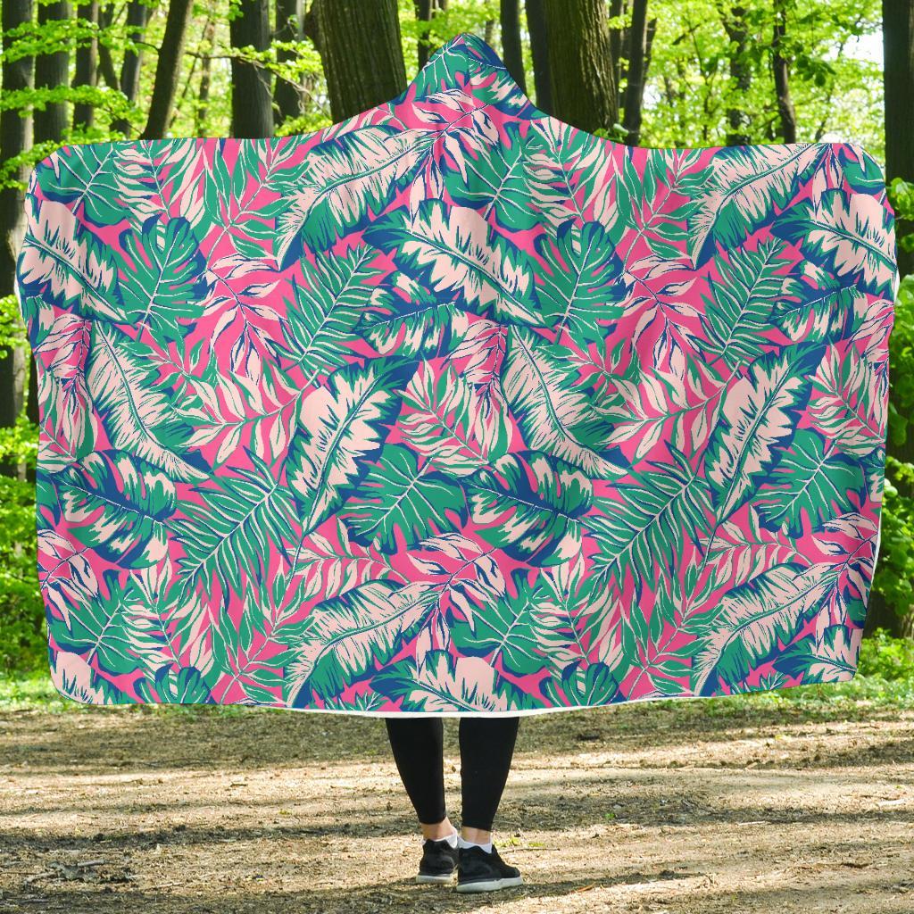 Pink Tropical Palm Leaves Hawaiian Pattern Print Hooded Blanket-grizzshop